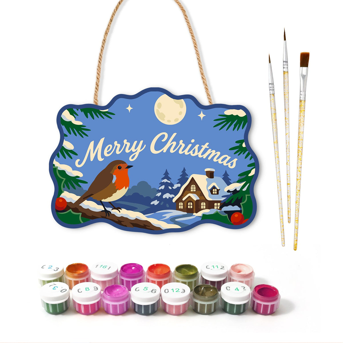 Robin with cottage scene paint by numbers door hanger with paints and brushes