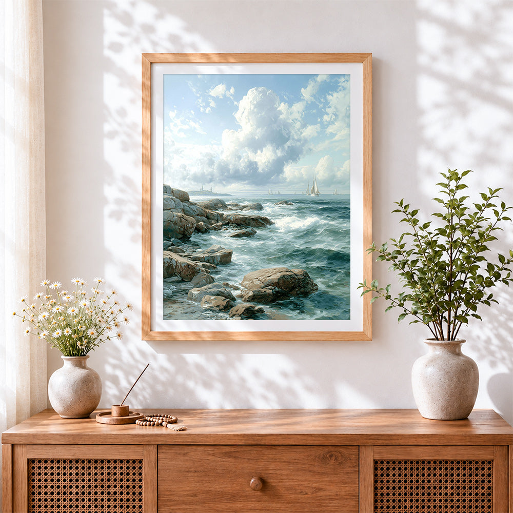 Finished rocky shore and sailing boats cross stitch artwork displayed