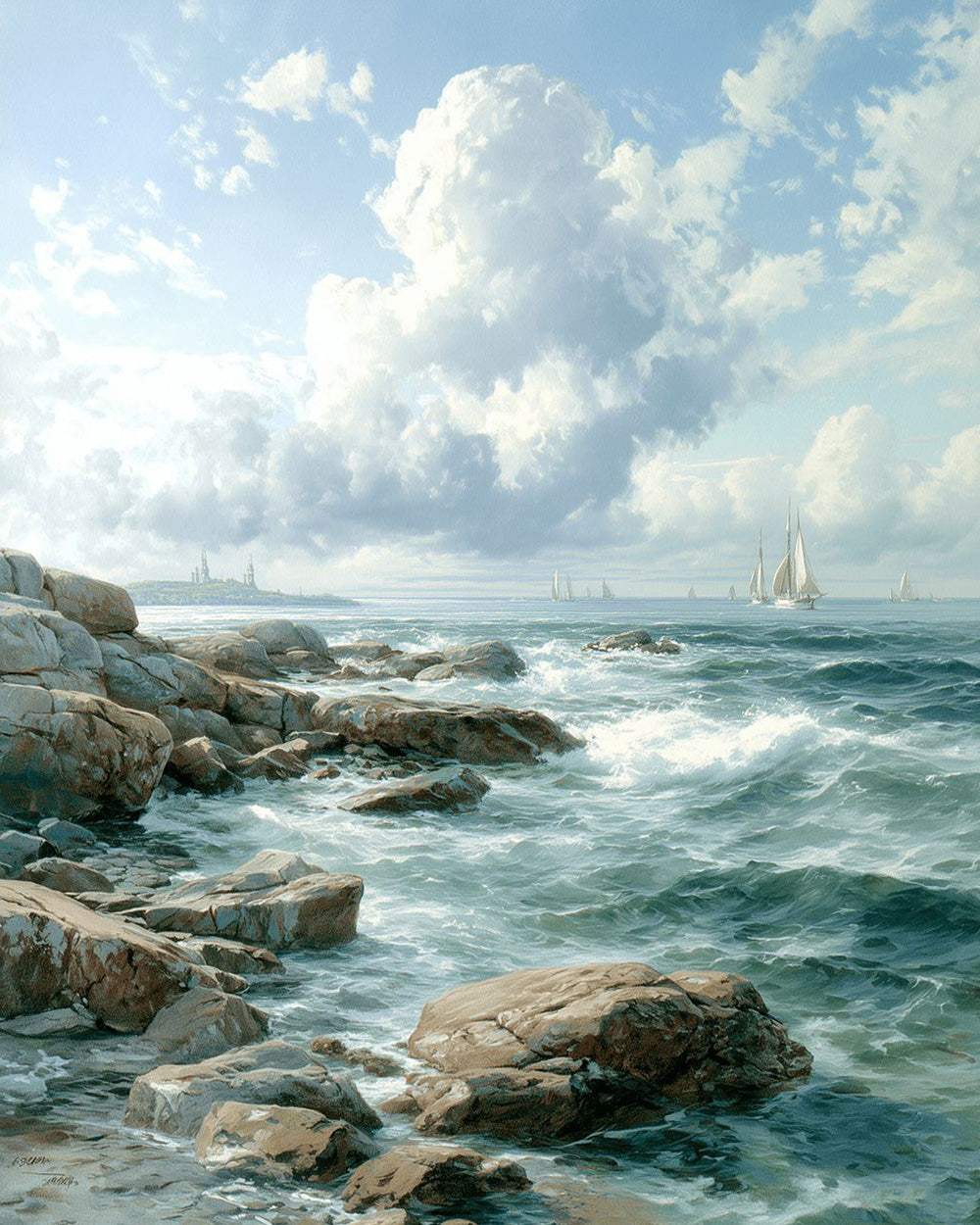 Rocky shore and sailing boats cross stitch kit for beginners