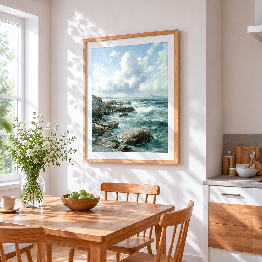 Rocky shore and sailing boats cross stitch artwork displayed on wall as home decor