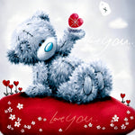 Romantic bear holding a red heart cross stitch kit for beginners