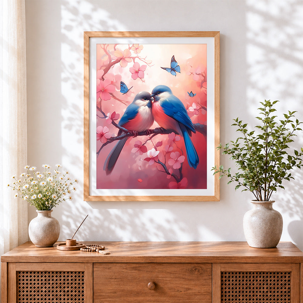 Finished romantic bluebirds and cherry blossom cross stitch artwork displayed