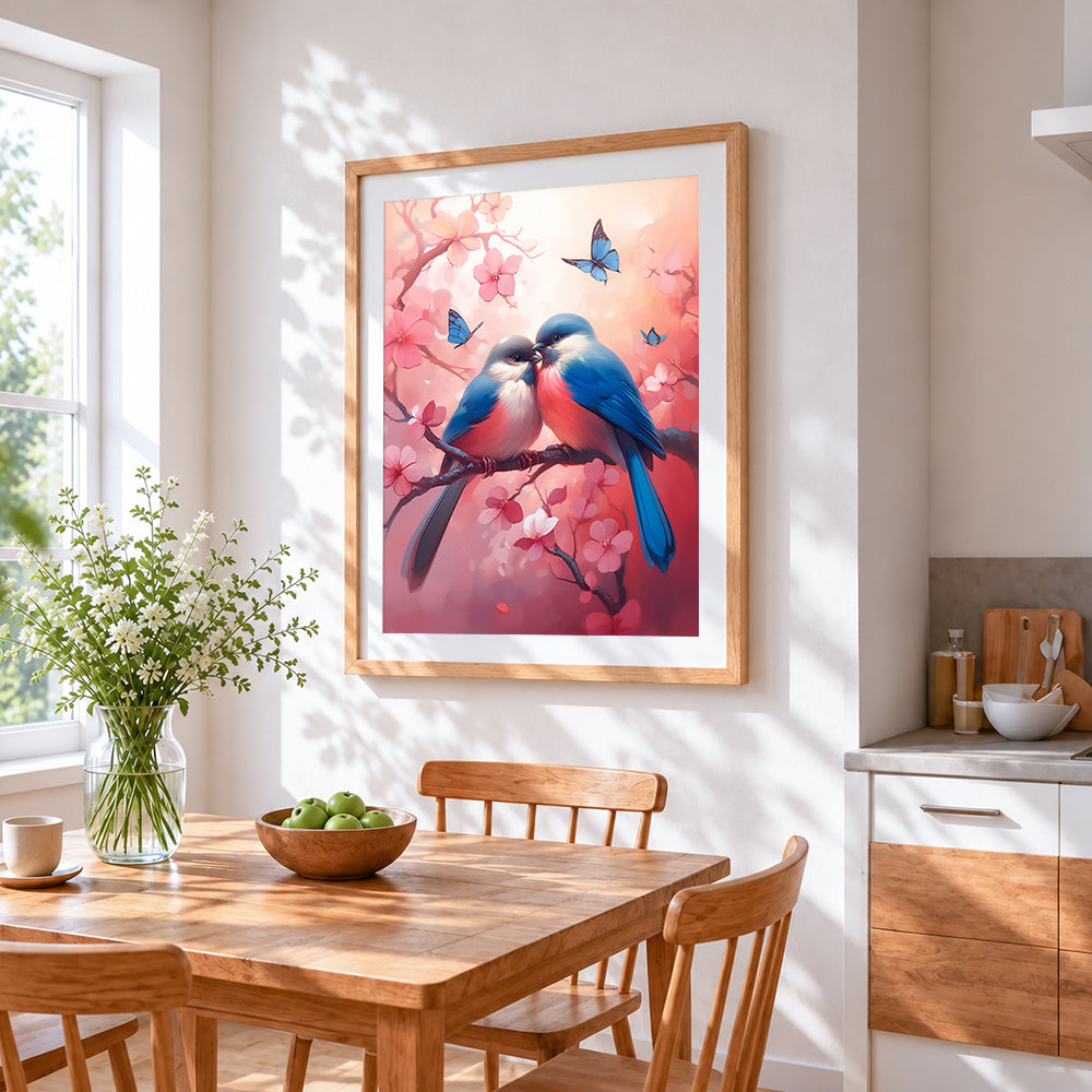 Romantic bluebirds and cherry blossom cross stitch artwork displayed on wall as home decor