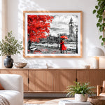 Finished romantic couple at big ben cross stitch artwork displayed