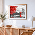 Romantic couple at big ben cross stitch artwork displayed on wall as home decor