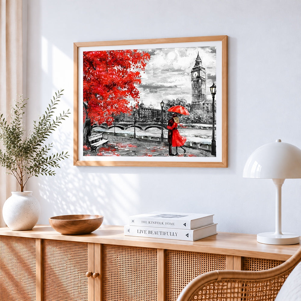 Romantic couple at big ben cross stitch artwork displayed on wall as home decor