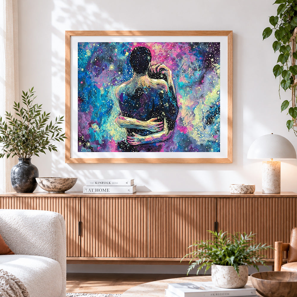 Finished romantic couple embracing in a starry night cross stitch artwork displayed
