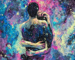 Romantic couple embracing in a starry night cross stitch kit for beginners