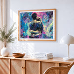 Romantic couple embracing in a starry night cross stitch artwork displayed on wall as home decor