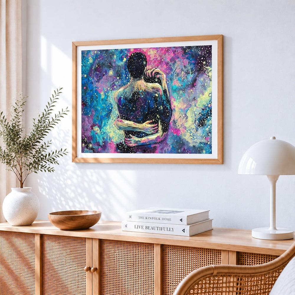 Romantic couple embracing in a starry night cross stitch artwork displayed on wall as home decor