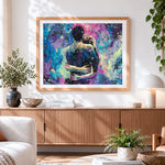 Finished romantic couple embracing in a starry night paint by numbers artwork displayed as home decor
