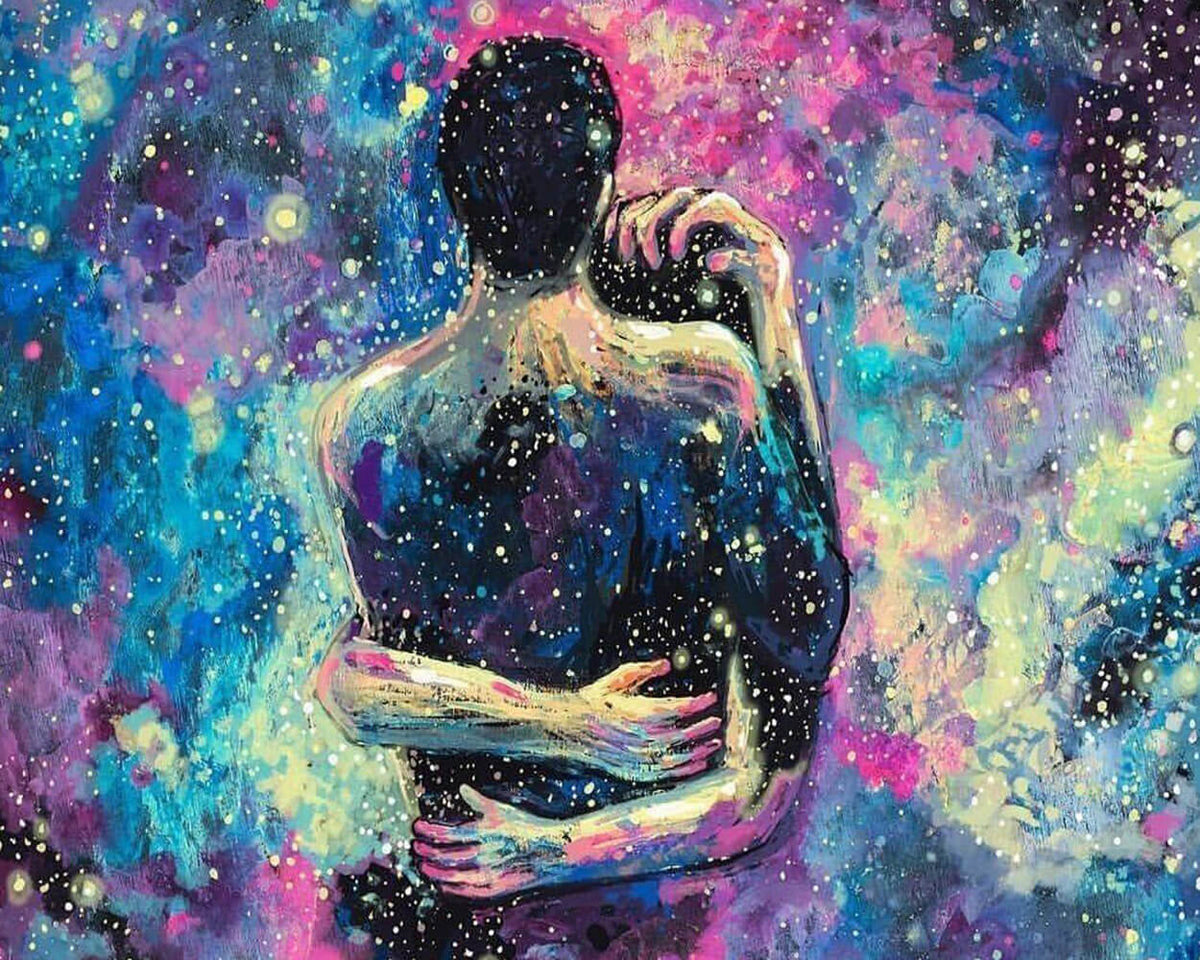 Romantic couple embracing in a starry night paint by numbers kit for beginners