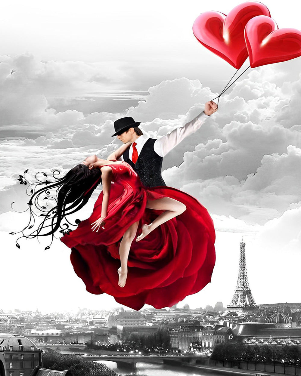 Romantic couple flying in paris cross stitch kit for beginners