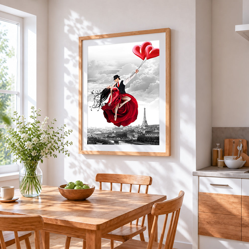 Romantic couple flying in paris cross stitch artwork displayed on wall as home decor
