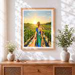 Finished romantic couple in a vineyard at sunset cross stitch artwork displayed
