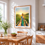 Romantic couple in a vineyard at sunset cross stitch artwork displayed on wall as home decor