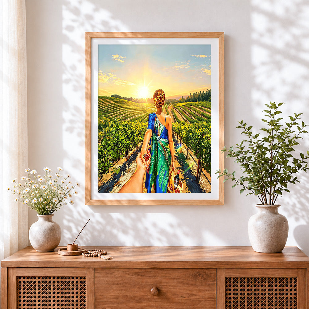 Finished romantic couple in a vineyard at sunset paint by numbers artwork displayed as home decor