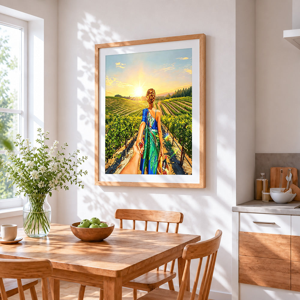 Romantic couple in a vineyard at sunset paint by numbers artwork displayed on wall as home decor