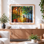 Finished romantic couple in autumn rain paint by numbers artwork displayed as home decor