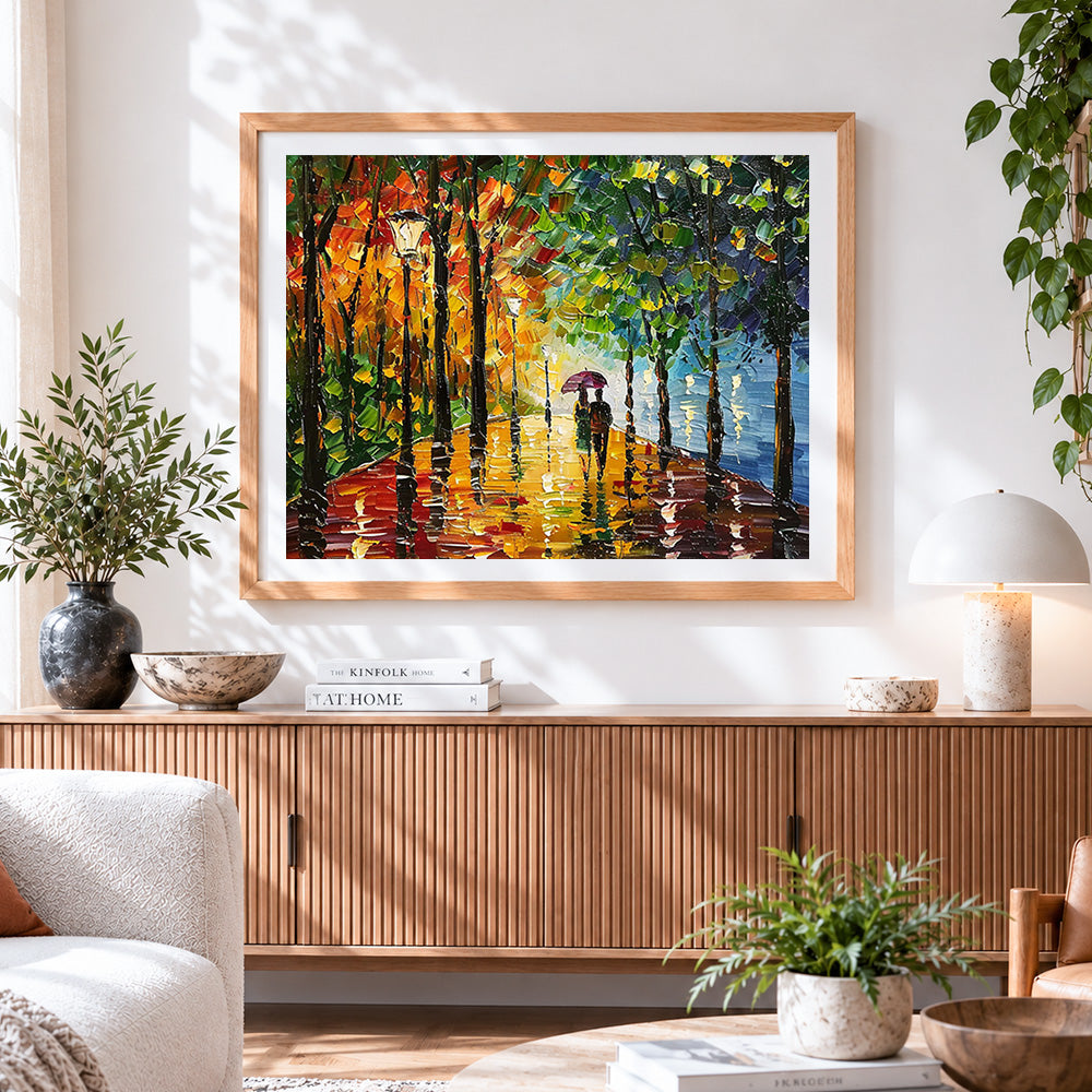 Finished romantic couple in autumn rain paint by numbers artwork displayed as home decor