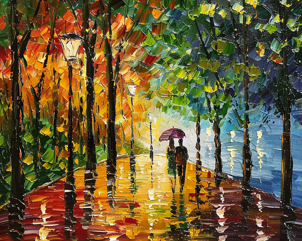 Romantic couple in autumn rain paint by numbers kit for beginners