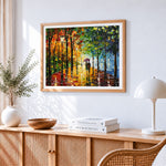 Romantic couple in autumn rain paint by numbers artwork displayed on wall as home decor