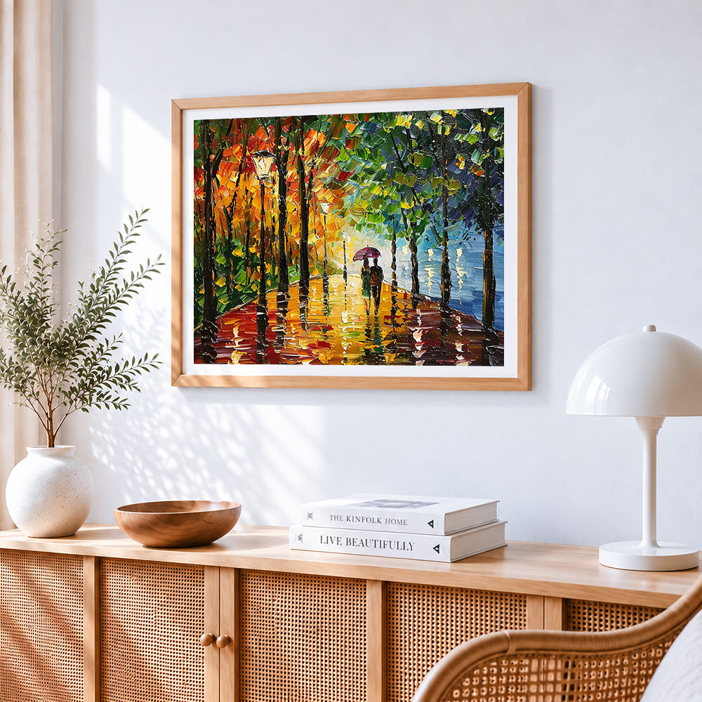 Romantic couple in autumn rain paint by numbers artwork displayed on wall as home decor
