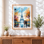 Finished romantic couple in paris cross stitch artwork displayed