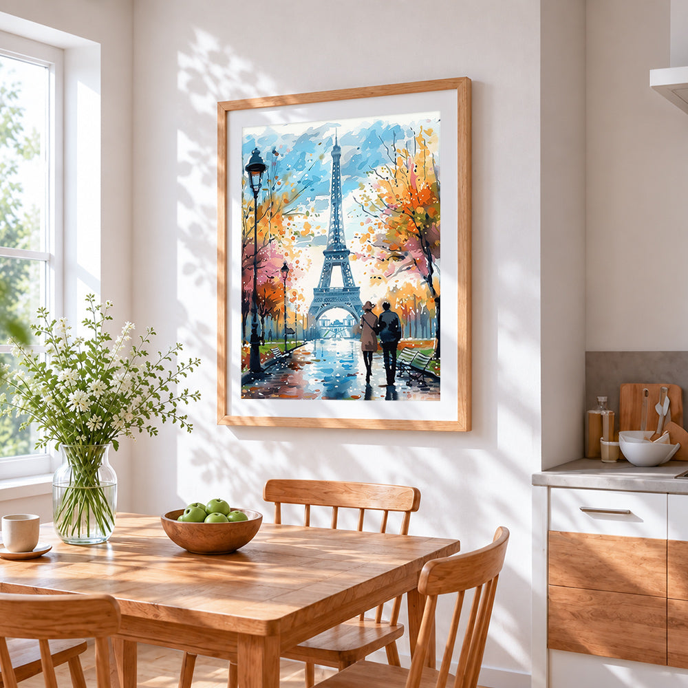 Romantic couple in paris cross stitch artwork displayed on wall as home decor