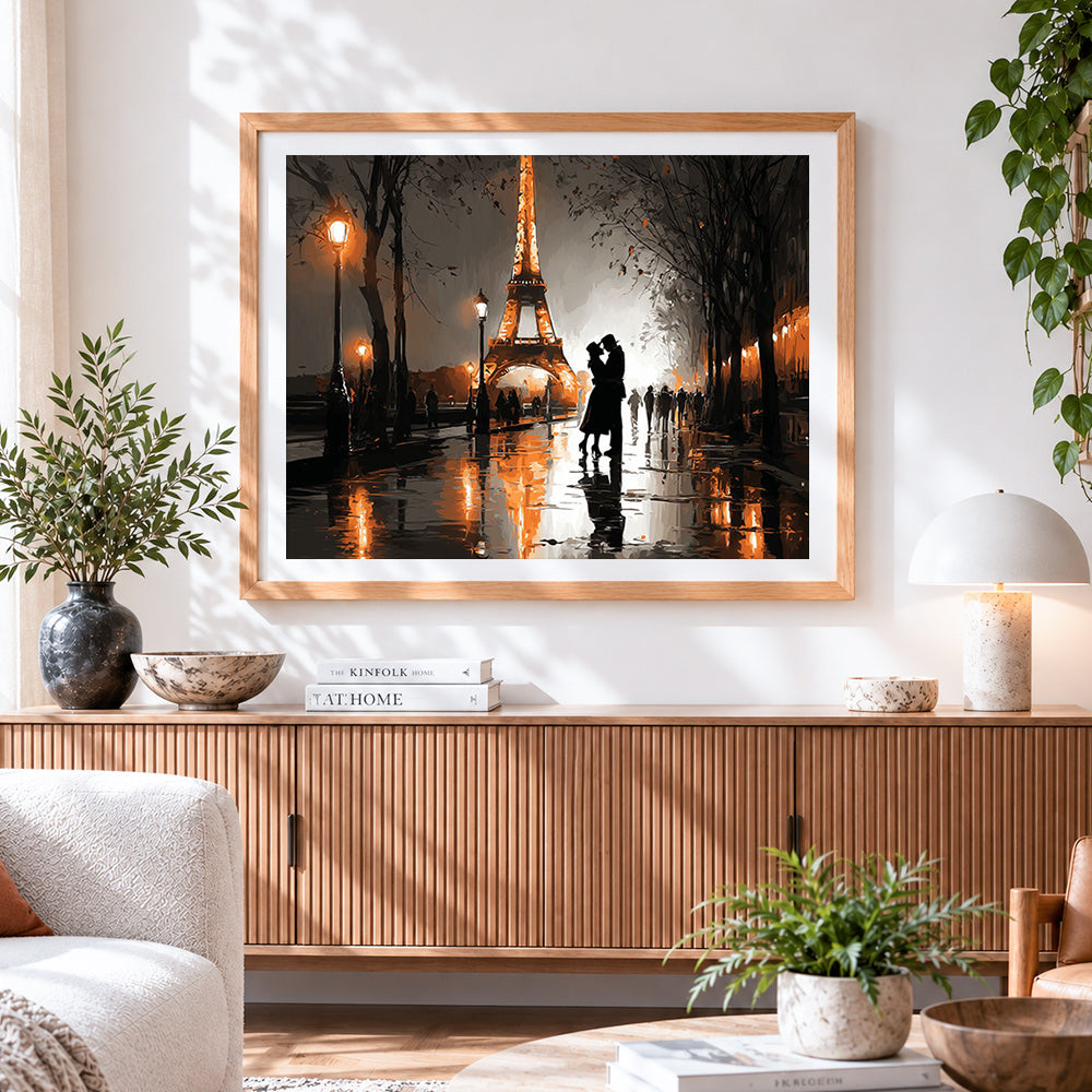 Finished romantic couple in paris rain cross stitch artwork displayed