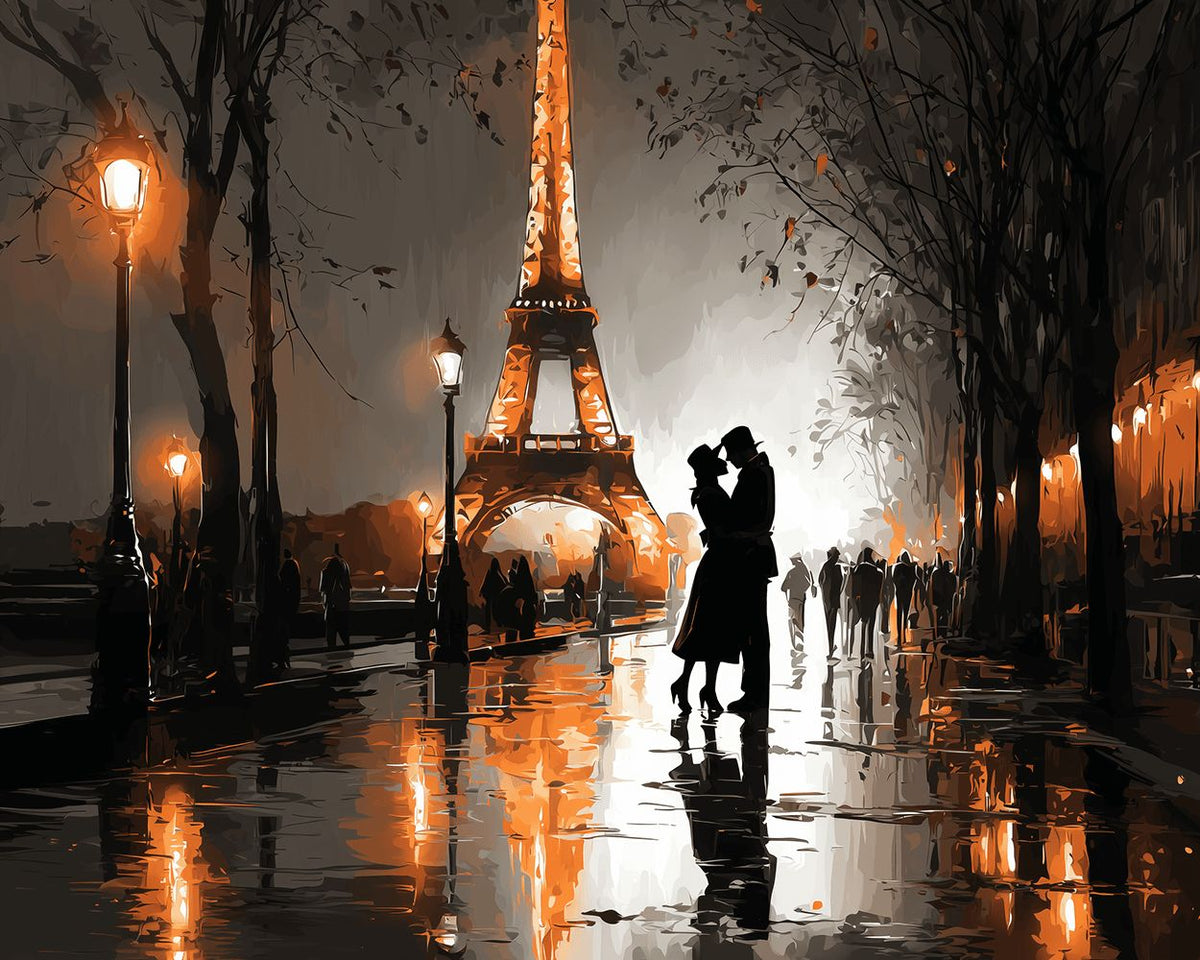 Romantic couple in paris rain cross stitch kit for beginners
