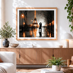Finished romantic couple in paris rain paint by numbers artwork displayed as home decor