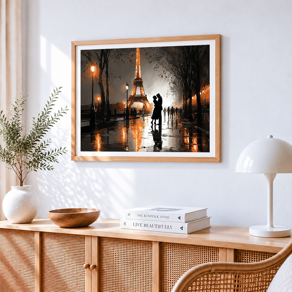 Romantic couple in paris rain paint by numbers artwork displayed on wall as home decor