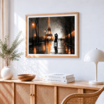 Romantic couple in paris rain paint by numbers artwork displayed on wall as home decor