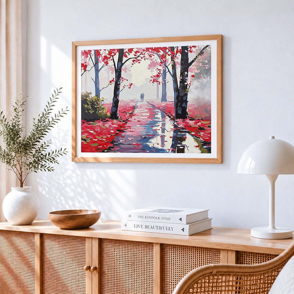 Romantic couple in pink blossom forest cross stitch artwork displayed on wall as home decor