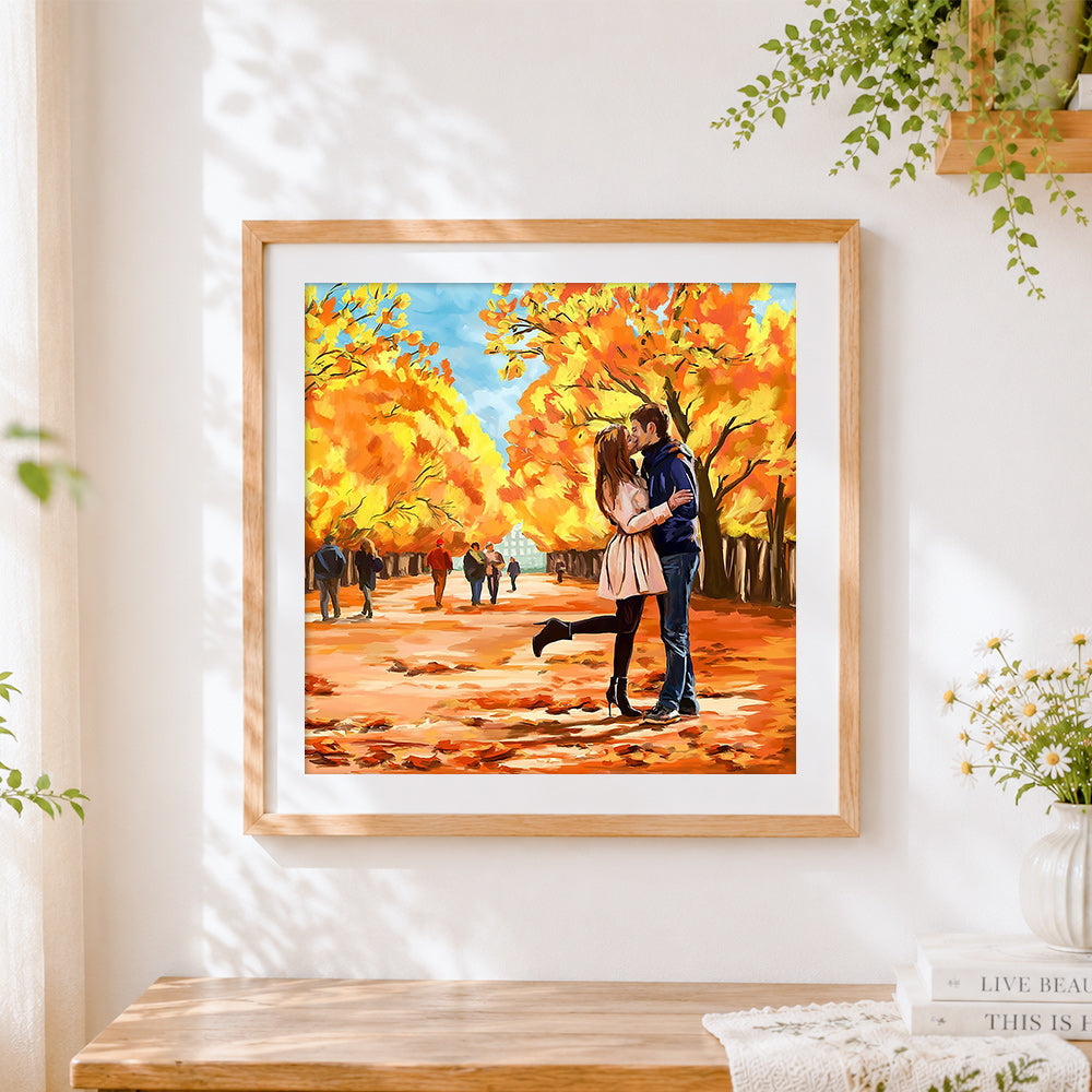 Finished romantic couple kissing in autumn park cross stitch artwork displayed