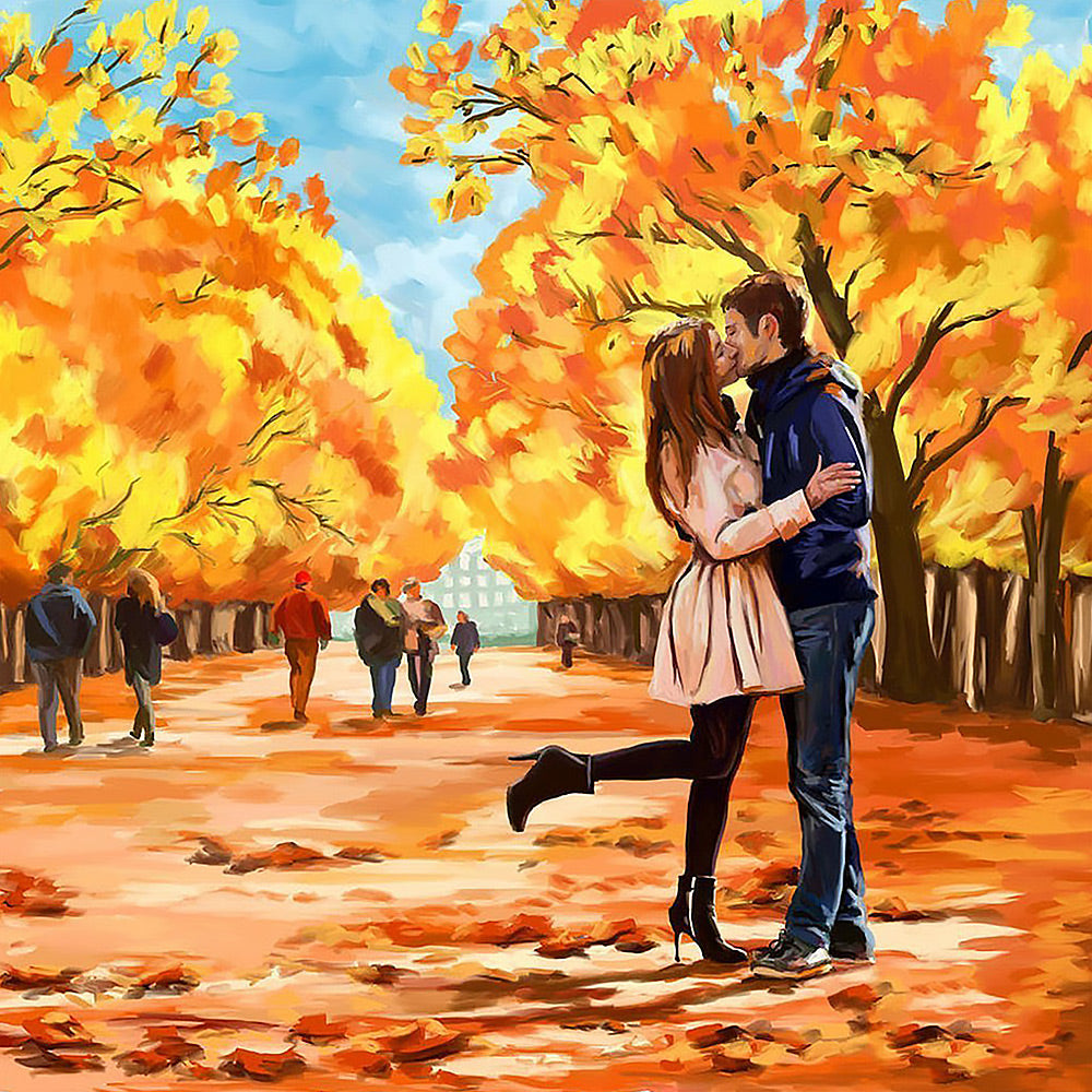 Romantic couple kissing in autumn park cross stitch kit for beginners