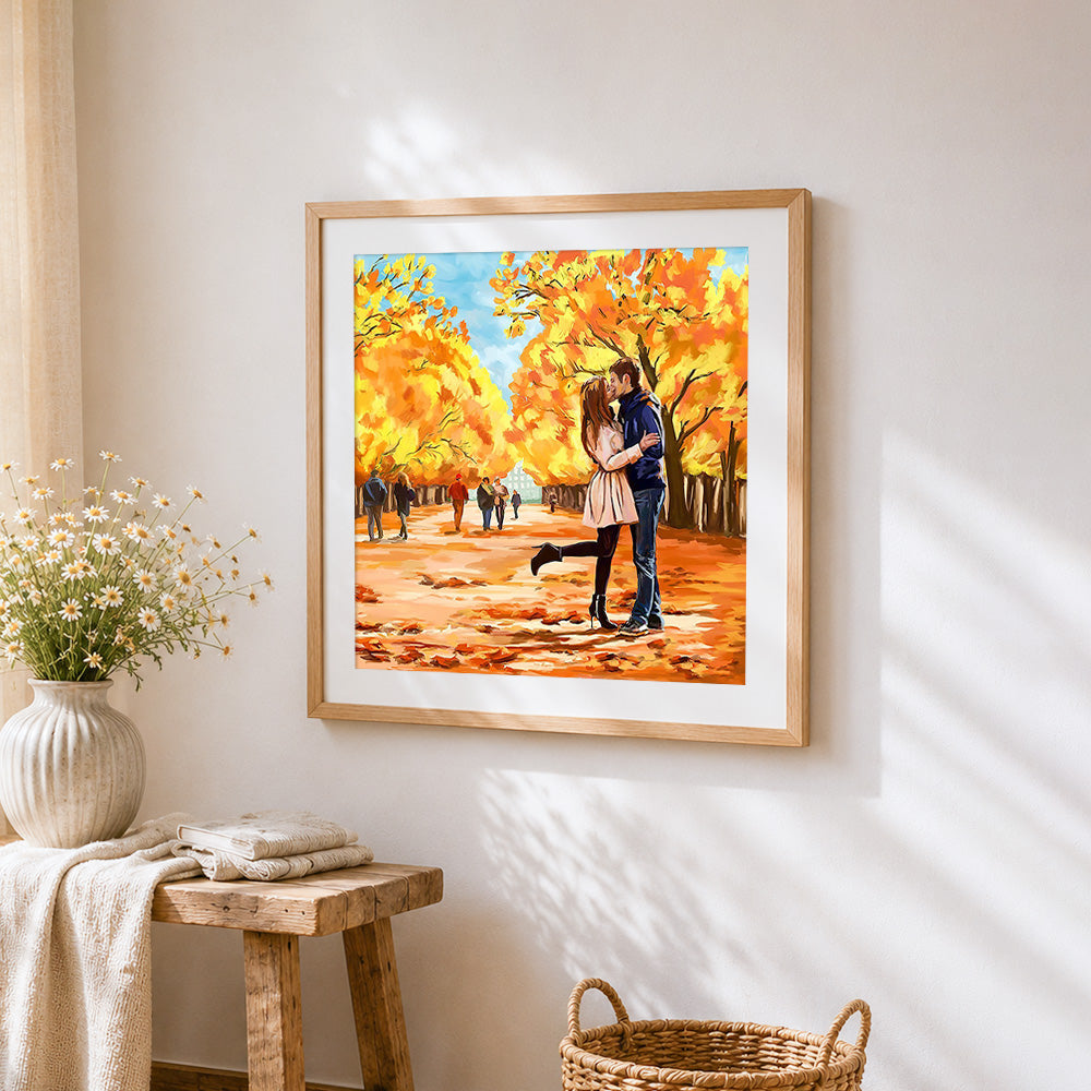 Romantic couple kissing in autumn park cross stitch artwork displayed on wall as home decor