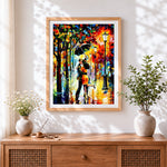 Finished romantic couple kissing in rain cross stitch artwork displayed