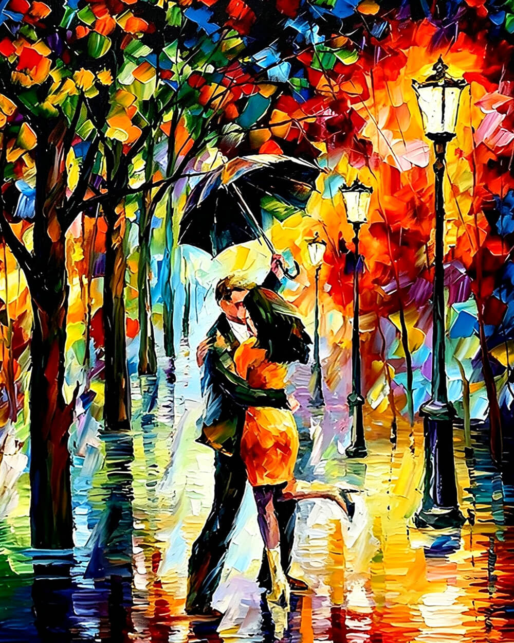 Romantic couple kissing in rain cross stitch kit for beginners