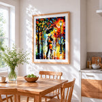 Romantic couple kissing in rain cross stitch artwork displayed on wall as home decor