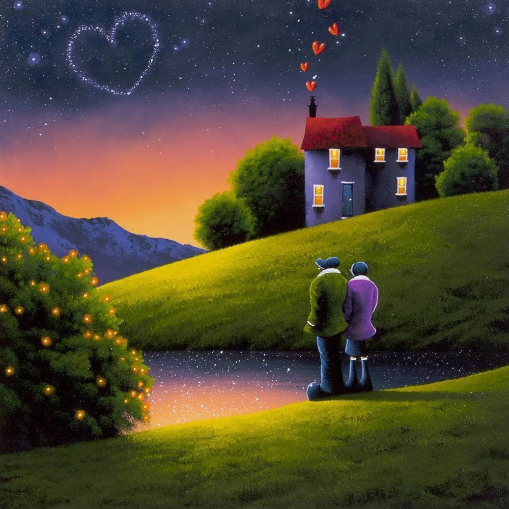 Romantic couple under a heart shaped sky cross stitch kit for beginners