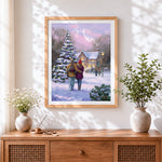 Finished romantic couple walking in the snow cross stitch artwork displayed