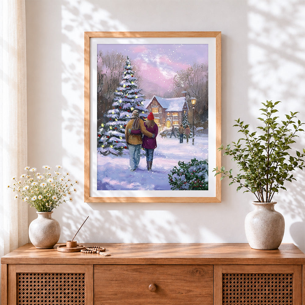 Finished romantic couple walking in the snow cross stitch artwork displayed
