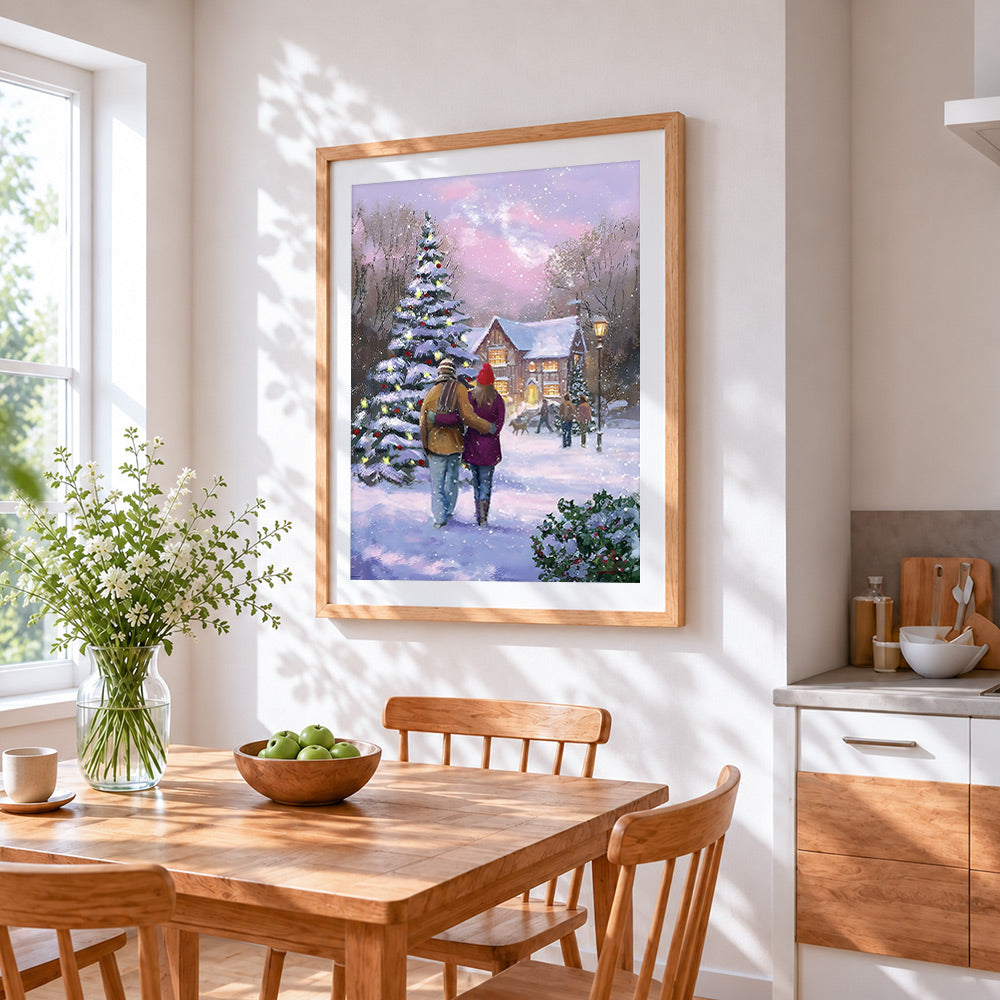 Romantic couple walking in the snow paint by numbers artwork displayed on wall as home decor
