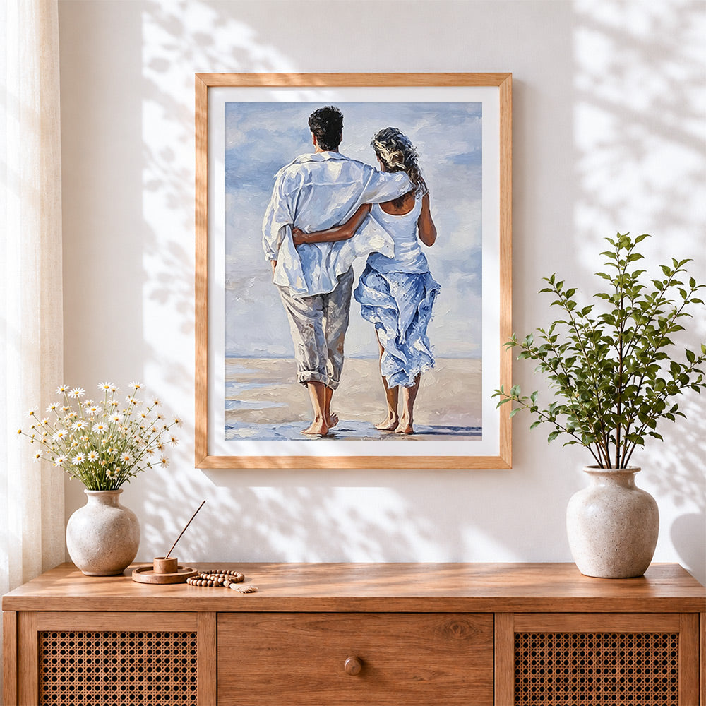 Finished romantic couple walking on the beach paint by numbers artwork displayed as home decor