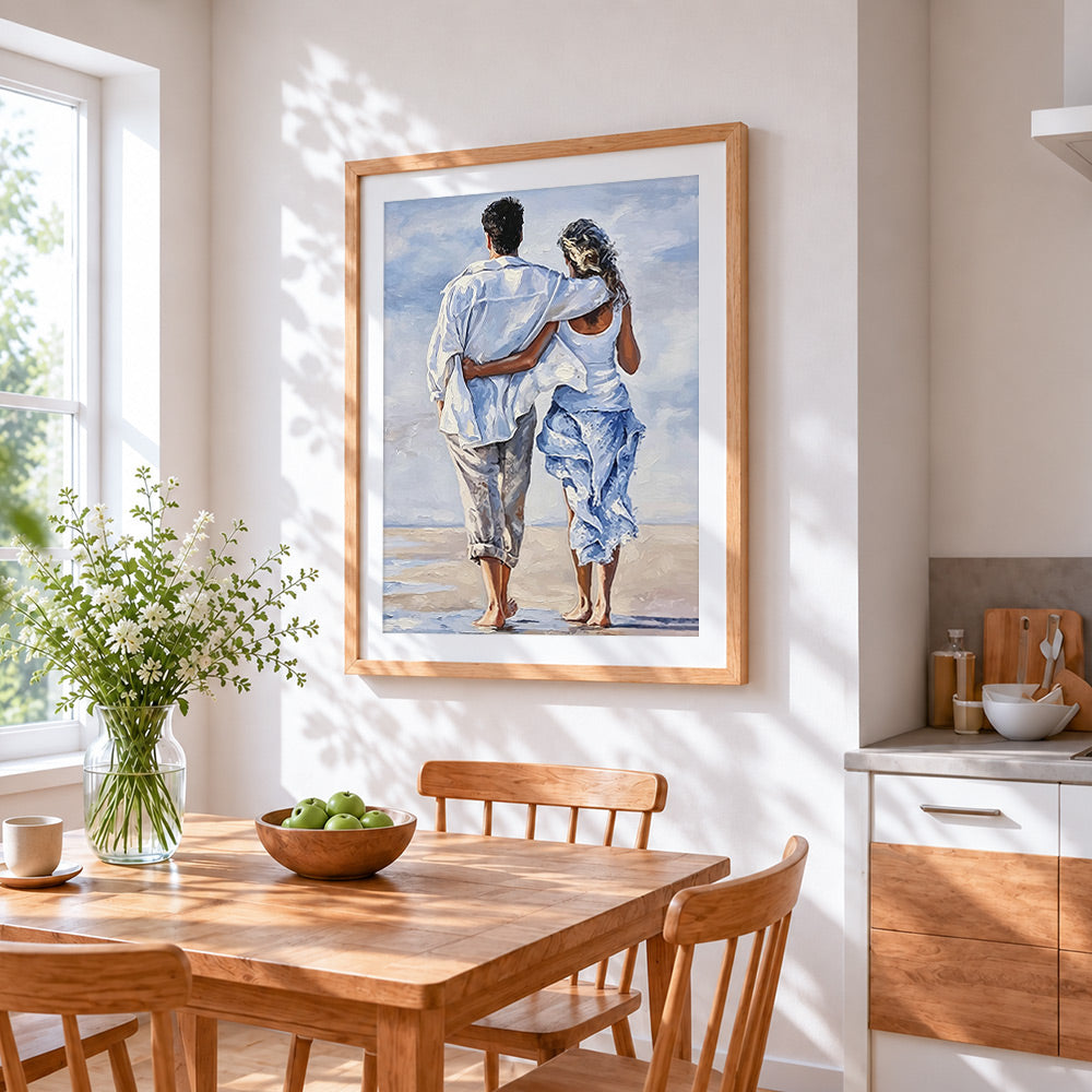Romantic couple walking on the beach paint by numbers artwork displayed on wall as home decor