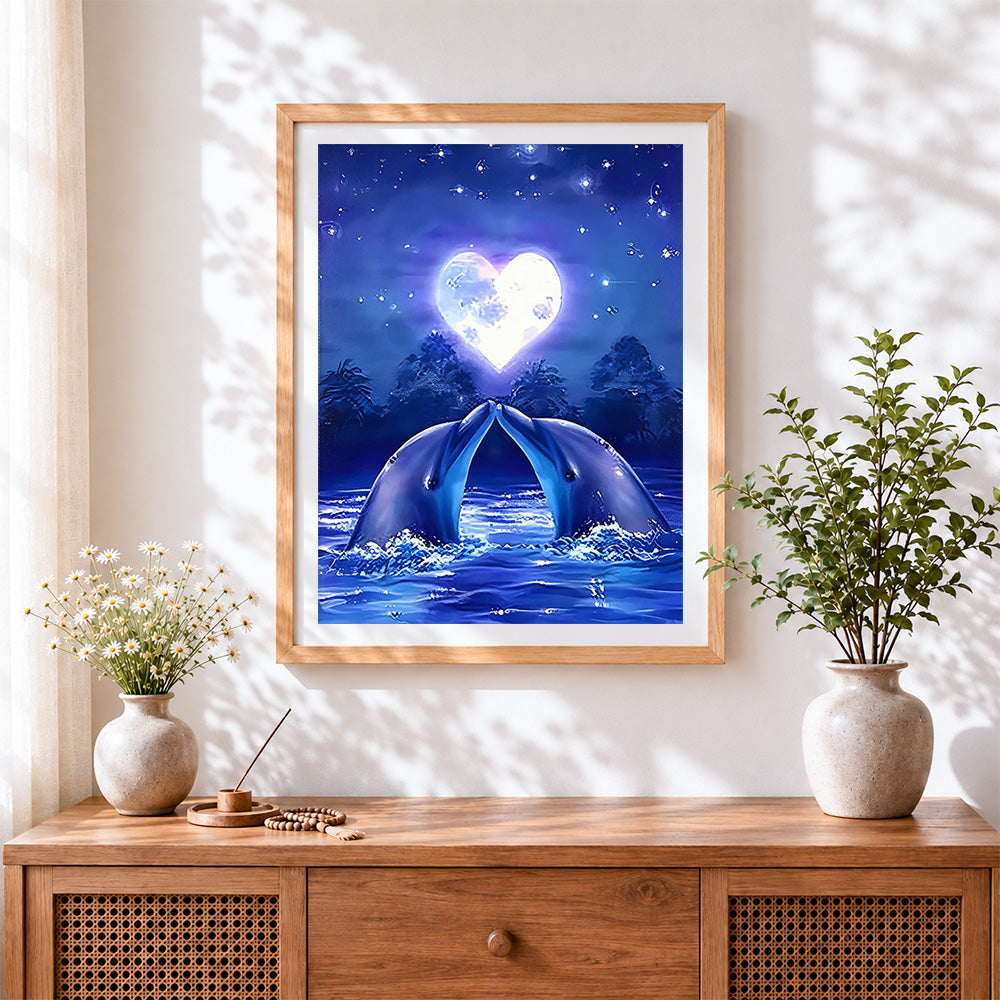 Finished romantic dolphins and heart moon cross stitch artwork displayed