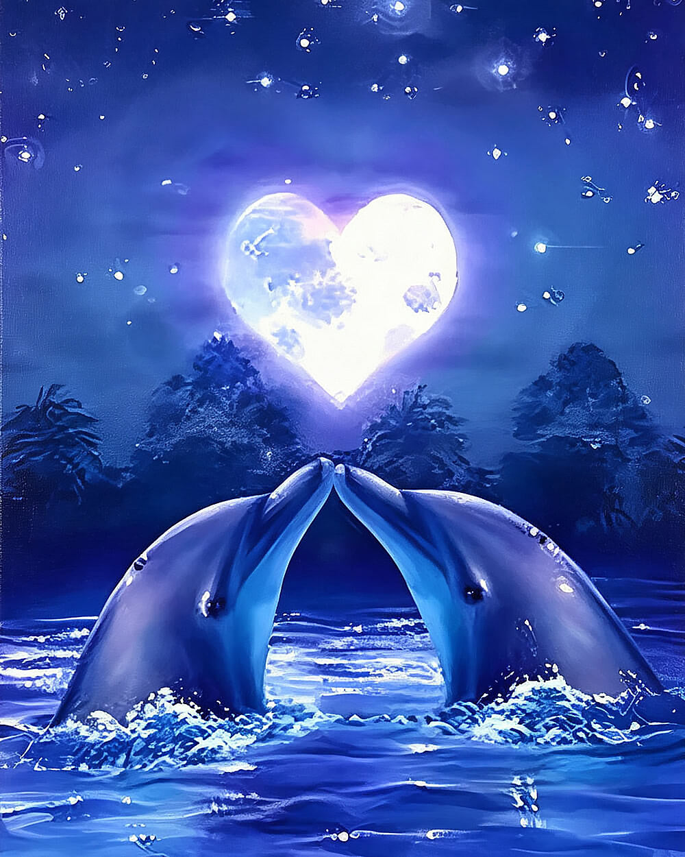 Romantic dolphins and heart moon cross stitch kit for beginners