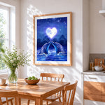 Romantic dolphins and heart moon cross stitch artwork displayed on wall as home decor